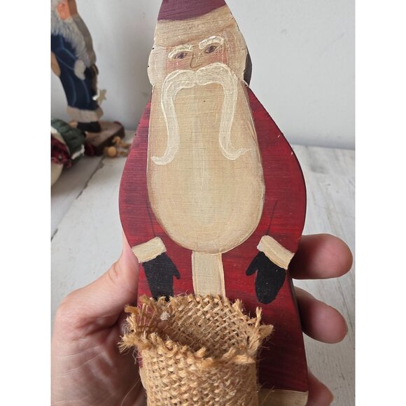 Vintage wooden primitive Santa basket burlap figurine statue decor Xmas - Picture 5 of 8